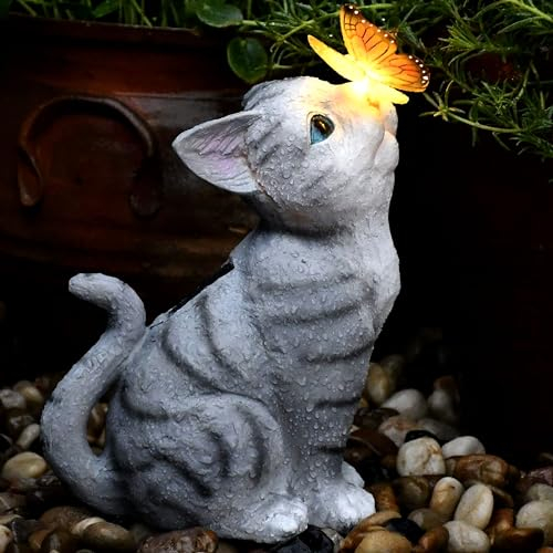 PB-Versand Lampe solaire LED pour chat - 26 x 16 cm - Blanc chaud - Avec batterie - Lampe de jardin - Lanterne solaire - Lanterne solaire - Chaton - Animal