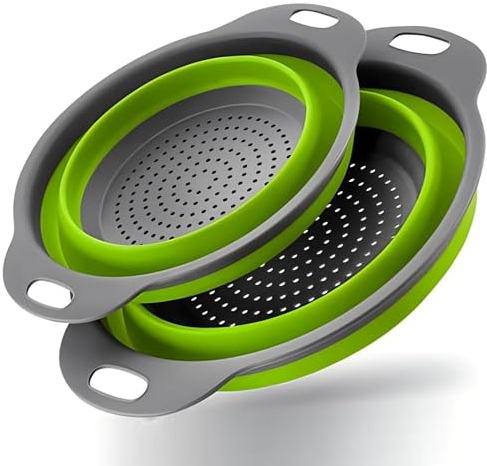 Silicone Pasta Colander - Collapsible Colander with Handle Set, Set of 2, Space-Saving Kitchen Strainers, 1.5 Quart, 2 Quart, BPA Free & Dishwasher Safe, for Pasta, Vegetables, Fruits