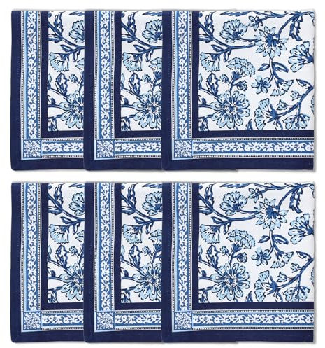 Encasa XO Serviettes de Table Lot de 6 | Serviettes en Toile de Coton avec Impression en Bloc Indigo-02-45x45 cm | Impression Manuelle Jaipur Sanganeri