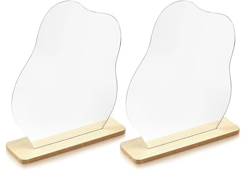 Lhbwhiz 2 STK Schminkspiegel,Acryl Asymmetrisch Aesthetic Spiegel,Rahmenlose Kosmetik Tischspiegel,Dekorative Unregelmäßiger Wellenspiegel,Klein Wolkenspiegel mit Holzsockel,für Büro Deko Aesthetic