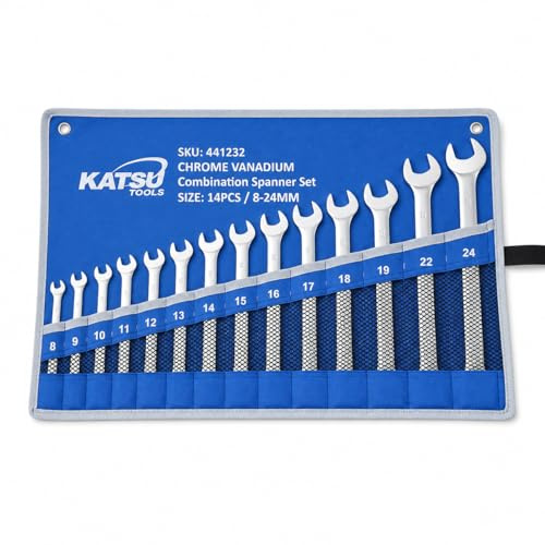 KATSU Tools 14 Pieces Combination Spanner Set Metric Size 8-24mm Garage Workshop Mechanic Car Repair Toolkit with Storage Pouch 441232