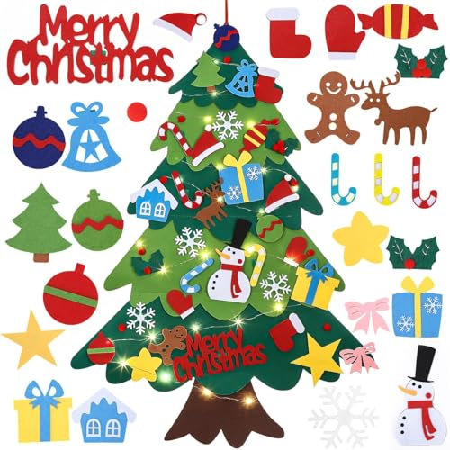 Albero di Natale in Feltro 33 Pezzi Albero di Natale in Feltro 110 cm Set Albero di Natale Fai da Te con Decorazione LED in Feltro Decorazioni per Appendere l'Albero di Natale in Feltro Decorazioni
