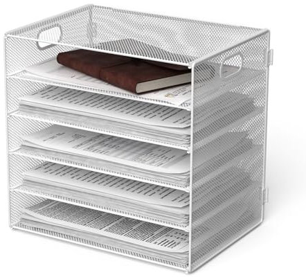 JOPOO 5 Tier Letter Filing Tray, A4 Paper Storage Organiser, Mesh Desk Magazine File Racks for Home Office Supplies, White