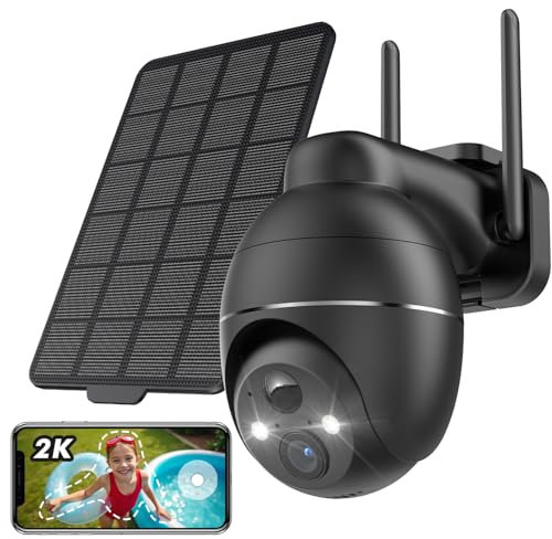 YESKAMOU Telecamera Wi-Fi Esterno Senza Fili, 2K Telecamera WiFi Esterno Senza Fili Videocamera Sorveglianza, Pannello Solare a Batteria, Visione Notturna a Colori, Funziona con Alexa, 360° PT, 2,4GHz