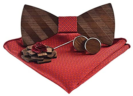 Generisch Holzfliege Set Herren Handgefertigte Fliege aus Holz, Verstellbare Größe - Inkl Holzfliege, Manschettenknöpfe, Brosche, Einstecktuch, Geschenkbox für Weihnachten, Hochzeiten, Party