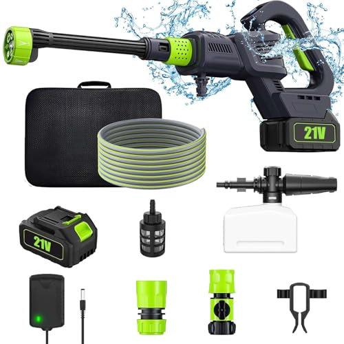 Akku-Hochdruckreiniger, 200Bar Mobiler Hochdruckreiniger mit Akku 3000mAh und Ladegerat, Digitalanzeige, 6-IN-1 Düse,12 m Reinigungsreichweite für Auto, Garden (Akku*1)