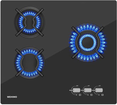 WEHIMO Gaskochfeld 3 Flammig, Glas Einbau-Gaskochfeld, 59cm, 7750W, 3 Kochzonen (3300W+2700W+1750W), 3 Zonen Gaskochfeld für Propangas und Erdgas, Schwarzes Glas, Geeignet für Alle Töpfe