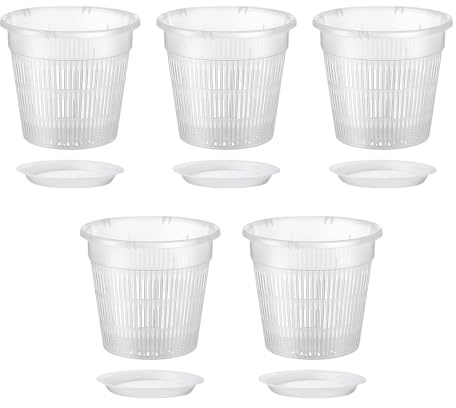 ALI2 Orchideentopf Transparent Orchideentöpfe 5er Set Rund mit Tablett Atmungsaktive Blumentöpfe Aus Hochwertigem PP Material 16x14,5x14cm Ideal für Orchideen, Phalaenopsis, Sukkulenten & Mehr