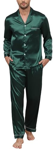 TeJoyce Herren Satin Schlafanzug Lang, Zweiteiliger Seide Pyjama Männer, Set Langarm mit Knöpfen und Hose mit Taschen, Luxus und Elegante Seidenpyjama zum Nächte (Dunkelgrün, XXL)