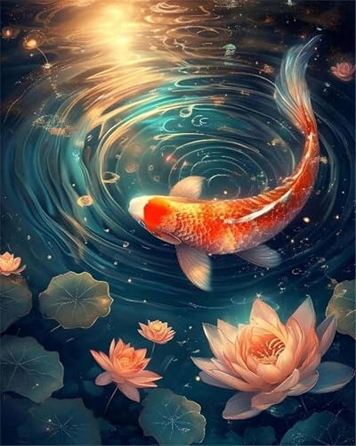 Xpdnmilq 5D Diamant Malerei Set für Kinder DIY-Kristallmalerei Kunsthandwerk kreative Heimwanddekoration für Erwachsene – Blume Koi Fisch – 40x50cm