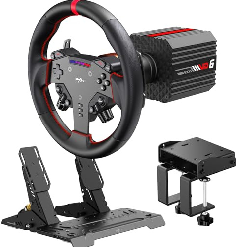 PXN VD6 Conjunto de Volante para Simracing 6 Nm – Base Servo de Baja Inercia, Volante de Carreras W AS, Pedales PD HM Hall y Abrazadera de Escritorio – Compatible solo con Windows 7 a 11 en PC