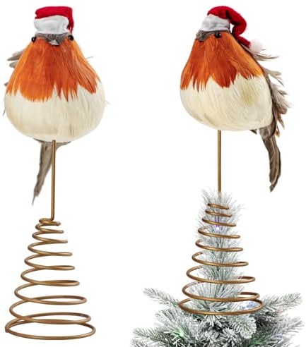 Cute Robin with Santa Hat, Artificial Feather Bird Ornament for Christmas Tree Topper Decorations Table Centerpiece Fireplace Festive Holiday Wedding Home Decor (Orange)