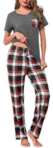 Demegimi Ensemble de Pyjama Femme Coton Vêtements de Nuit Col Rond à Manches Courtes Haut + Pantalon Long à Carreaux 2 Pièces pour l’Été et l’Automne