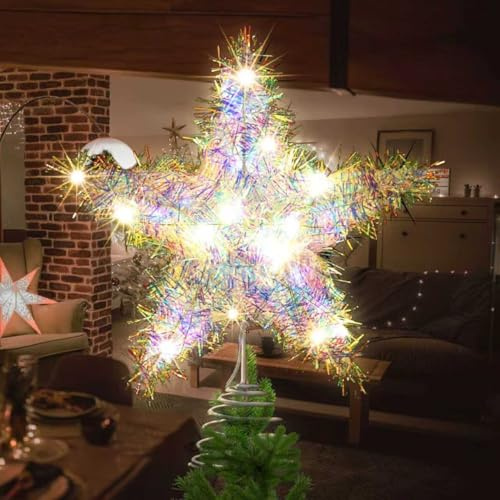 11.8-Inch Light-up Christmas Tree Topper Star, 20 Warm White LED lights with Sparkling Yarn, Xmas Tree Top Decoration. (Multicolored)