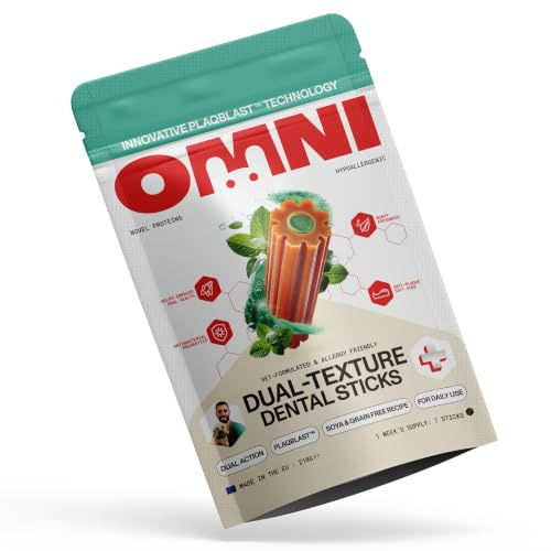 Omni Dental Sticks for Dogs – PlaqBlast Plaque Remover, Hypoallergenic | Dual texture chew with toothpaste-like anti-plaque core – hypoallergenic, soya and grain free