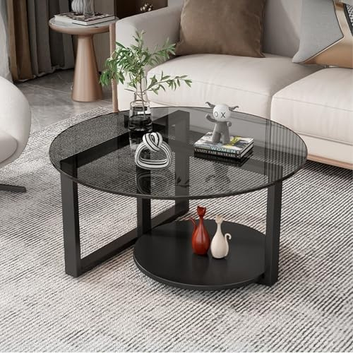 TWSOUL Runder Couchtisch aus Glas, Wohnzimmertisch Rund Schwarz, 2-Stöckiger Couchtisch mit Offenem Stauraum, mit Stabilen Metallbeinen, für Wohnzimmer Schlafzimmer Büro, 60 x 45 cm