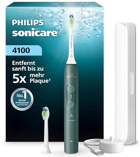 Philips Sonicare Series 4100 Elektrische Zahnbürste – Schallzahnbürste mit Drucksensor, 4 Putzeinstellungen, EasyStart, SmarTimer, 21 Tg. Laufzeit, Reiseetui, Dunkelgrün, HX4042/46, [Neu]