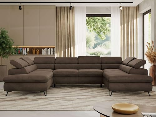 MKS MEBLE Sofa U-Form Schwarz, Wohnlandschaft, Sofa mit Schlaffunktion und Bettkasten, Schlafsofa mit Bettkasten, Couch mit Verstellbare Kopfstützen - Pablo U - Velvet - Braun - mit T25 Topper