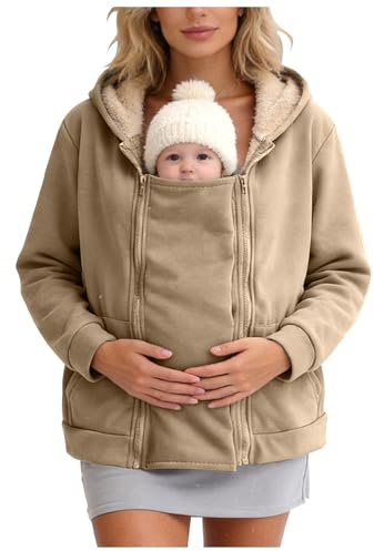 nsiaot Umstandsjacke mit Babyeinsatz Warm Teddy Fleecejacke Umstands Jacke Winter Umstandsmode 2 in 1 Tragejacke mit Taschen Teddyfleece Winterjacke Flauschig Weich Plüschjacke Einfarbig Teddyjacke