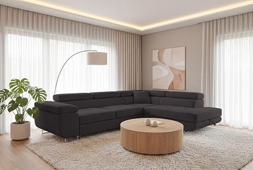 SOFILAND Ecksofa Luca L-Form mit Schlaffunktion und Bettkasten, wasserabweisender Velour, haustierfreundlich (Graphit, Rechts)