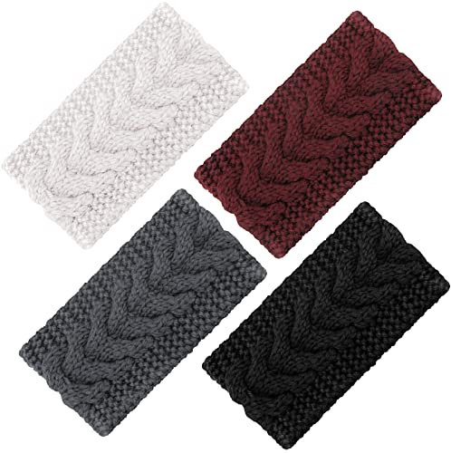 4 Pieces Winter Ear Warmers Headbands Women Warm Knitted Headband Braided Crochet Head Wraps for Girl (Black, Purple Red, Dark Grey, Beige)