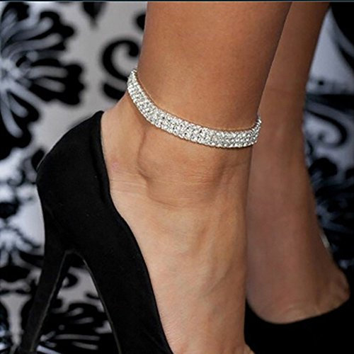 HOMEYU® 3-reihige Sexy Stretch Fußkettchen Österreichische Kristall Strass Stretch Elastische Fußkettchen Für Frauen Silber