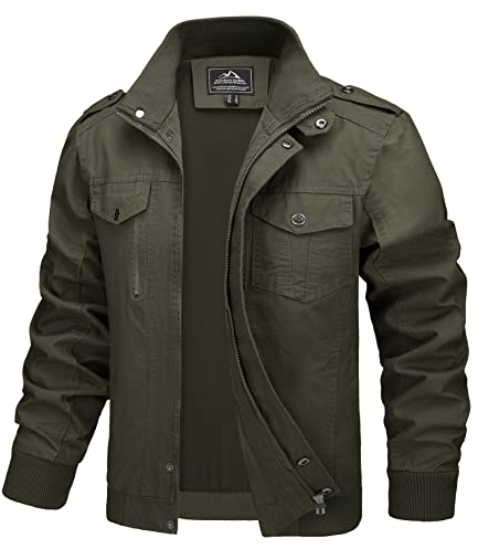 MAGCOMSEN Veste Cargo Militaire pour Hommes Léger Coupe-vent en Coton Décontracté Multipoches Mi-saison avec Col Rabattu et Zippe Green L