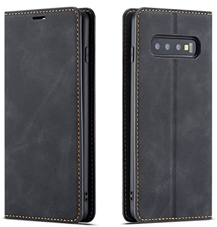 QLTYPRI Hülle für Samsung Galaxy S10 Plus, Premium Dünne Ledertasche Handyhülle mit Kartenfach Ständer Flip Schutzhülle Kompatibel mit Samsung Galaxy S10 Plus - Schwarz