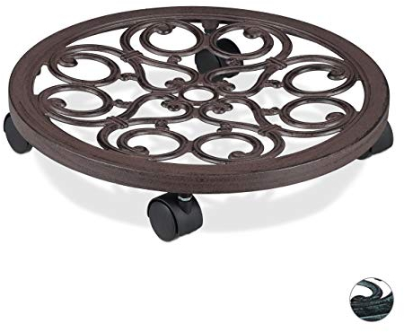 Relaxdays Carrello Portavasi Rotondo, Metallo, Sottovaso da Interni ed Esterni Antico Diametro 38 cm, per Vasi, Marrone