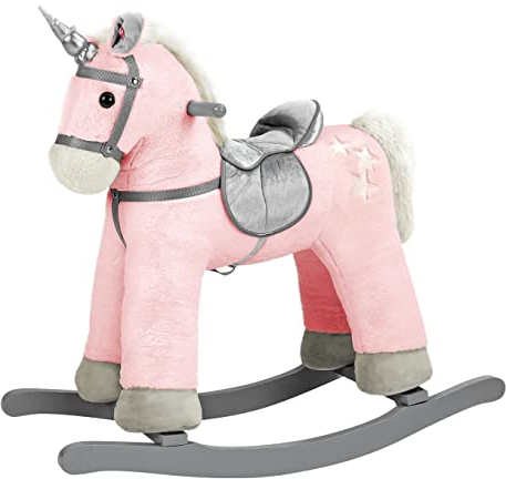 Bino Schaukel-Einhorn mit Geräuschfunktion, Spielzeug für Kinder ab 3 Jahre (Einhorn mit Sattel, Steigbügel & Griffen, trainiert Balance, wiehert auf Knopfdruck, inklusive Batterie), Rosa