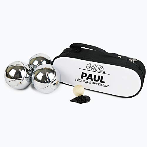Personalisierbare Boule-Tasche 3er-Set - Set Boule Kugeln - Petanque-Set personalisiert mit Namen oder Wunschbegriff - enthält 3 Stahlkugeln, 1 Zielkugel - Schutzhülle für Boétanque-Kugeln