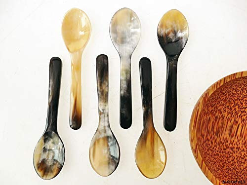 6 Stück Horn Eierlöffel/Portionslöffel kurz = 10 cm Bio Naturlöffel Öko Handarbeit Fair Handel