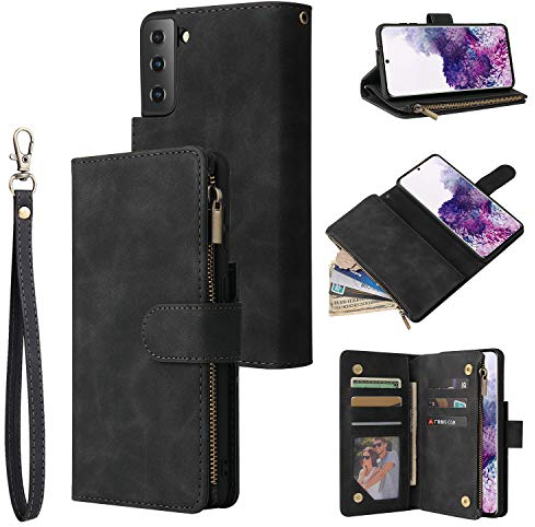 QLTYPRI Hülle für Samsung Galaxy S21 5G, Premium Leder Handyhülle mit Große Kapazität 6 Kartenfach & 1 Reißverschluss Tasche Ständer Schutzhülle für Samsung Galaxy S21 5G - Schwarz