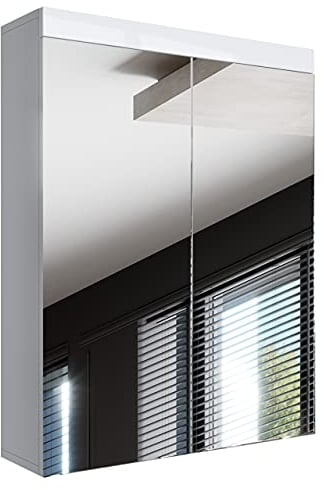 Newroom Spiegelschrank Bad 60 cm breit Weiß Hochglanz - 60x77x17 cm (BxHxT) - Badezimmer Spiegel Badezimmermöbel Badspiegel - [Trinity.Eight]