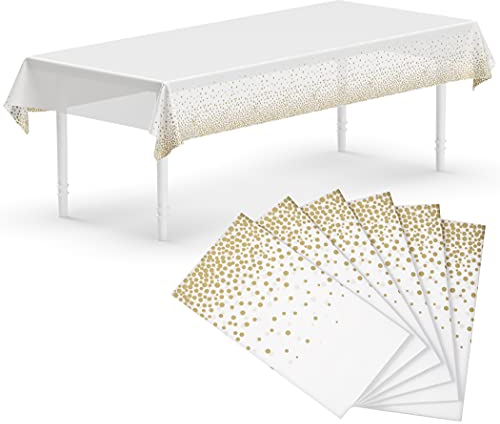 Neatiffy 137 cm x 274 cm 6er-Pack rechteckige Tischdecken aus Kunststoff für Picknick-/Camping-/Party-/Bankett-Tischdecken. Einweg-/Mehrwegtischdecken Weiß mit Goldenen Punkten
