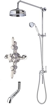 Nuie SBT143TR2 Bundle Traditional Bathroom Triple Exposed Thermostatic Valve, Round Rigid Riser Kit with Single Function Shower Head and Handset and Bath Spout, Chrome