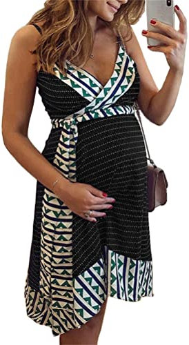 ORANDESIGNE Femmes Enceintes Grossesse Allaitement Grossesse Allaitement V-Cou sans Manches Allaitement Épissage Robe Imprimée E Noir L