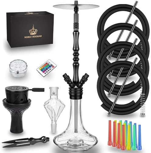 NOBLE HOOKAH Cachimba Shisha Completa Grande, 95 cm de Altura, 4 Conectores, Completo con Manguera, Mango, luz Ambiental LED, Recolector de miel, Juego de Cazoleta, Clip y ¡mucho más!