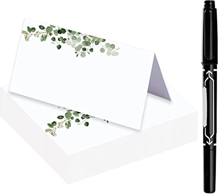 JINMURY Eukalyptus-Tischkarten mit Stift, 50 Stück, grün, 8,9 x 5,1 cm, für Hochzeiten oder Dinnerpartys