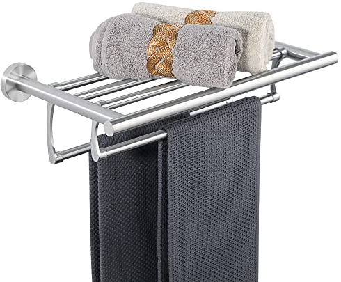 Sayayo Porta Asciugamani Bagno, Doppio Porta Salviette Bagno da Parete in Acciaio Inox 304, Portasciugamani Pieghevole per Bagno Cucina, 40 CM, Argento, EGDL2208-40-LS