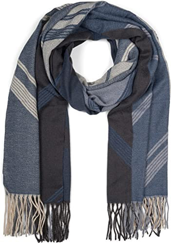 styleBREAKER Damen Web Schal mit Geometrischem Muster und Fransen, warme Winter Stola mehrfarbig 01017150, Farbe:Dunkelblau-Grau