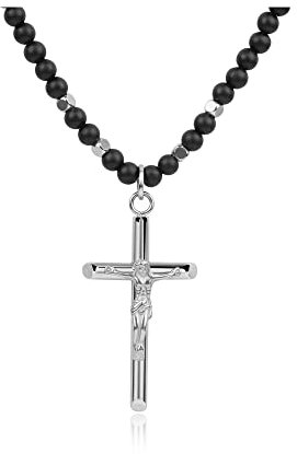 GAVU Geschenkidee Matter Onyx Perlen Halskette mit Jesus Kreuz Anhänger für Damen und Herren 50cm