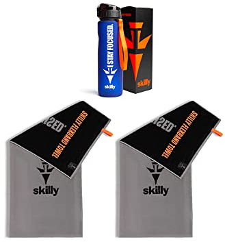 skilly Fitness Set I 2x Fitness Handtuch und 1x Trinkflasche I Funktionshandtuch für Fitnessstudio I Sportflasche mit Klick Verschluss | Flasche BPA frei