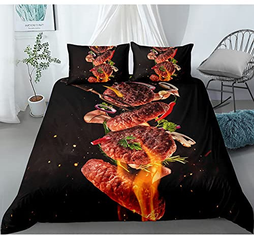 FIGONE Bettbezug Bettwäsche Set 3 Teilig, Mikrofaser 3D Rindersteak Gourmet Bedrucktes Bettwäsche-Set Kopfkissenbezug Bettbezug Mit Reißverschluss Schließung 135X200 cm - Weiches Anti-Allergiemittel