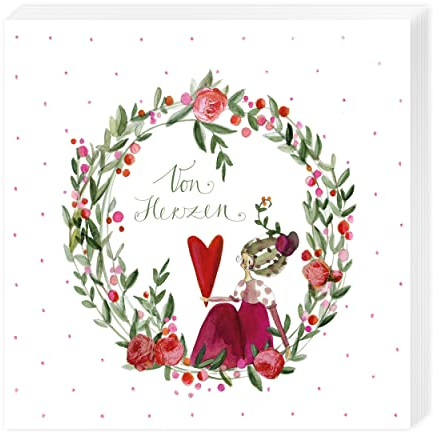 Servietten, 20 Stück (33 x 33 cm) FSC - Blumenkranz VON HERZEN, Grün & Rot, Herz, Geburtstag, Kommunion, Gartenparty, Retro, Vintage