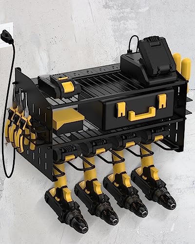 WellMall Power Tool Charging Station - 3 Layer Wall Mount Power Tool Organizer with Charging Station for Power Drill, 6AC Outlets, Great as Heavy Duty Tool Rack & Tool Holder for Garage Organization