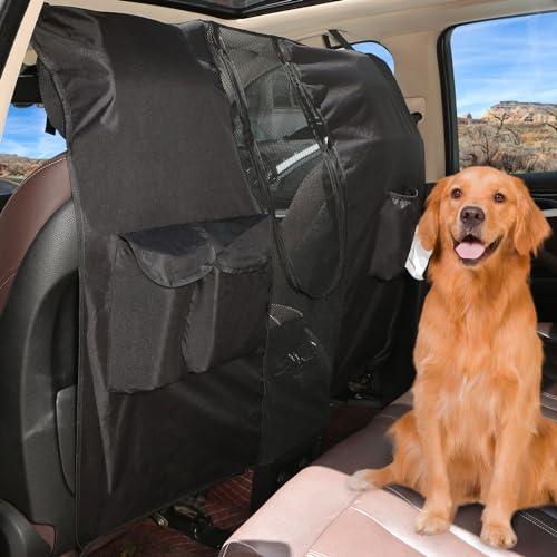Q-DDOIT Barrera de red para perros y SUV, barrera para mascotas con cuerda ajustable y bolsa de almacenamiento, barrera de valla para perros para asientos delanteros de coche, divisor de coche para