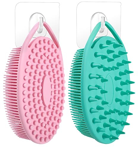 Thboxes 2 Packs Silicone Body Scrubber, Dual-Sided Shower Scrubber Hooks Exfoliating Body Scrub Brush Silicone Loofah Women Men Deep Cleansing and Massage Tool, Pink + Green, 13.5x8x3.5cm, 1.0 count