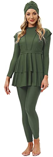 Odizli Muslimische Badeanzug Damen Burkini Frauen Muslim Bademode Modest Islamisch Arabisch Jilbab Langarm Schwimmoberteile Built in Bra+Schwimmhose+Hijab Kopftuch 3tlg Full Cover Schwimmanzug Grün L