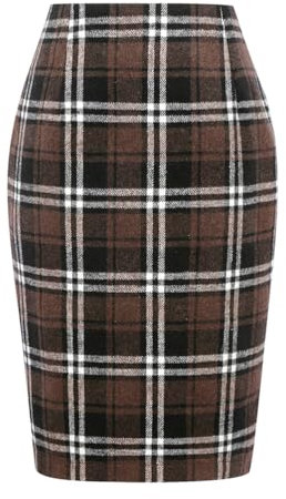 Kinghua Damen Bleistiftrock aus Wolle, kariert, Herbst, Winter, hohe Taille, Schlitz, figurbetont, knielang, Midirock, Kaffee, Klein